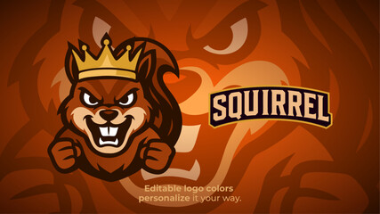 Royal Squirrel Mascot Logo with Golden Crown – Majestic Forest Animal for Gaming or Esports Branding
