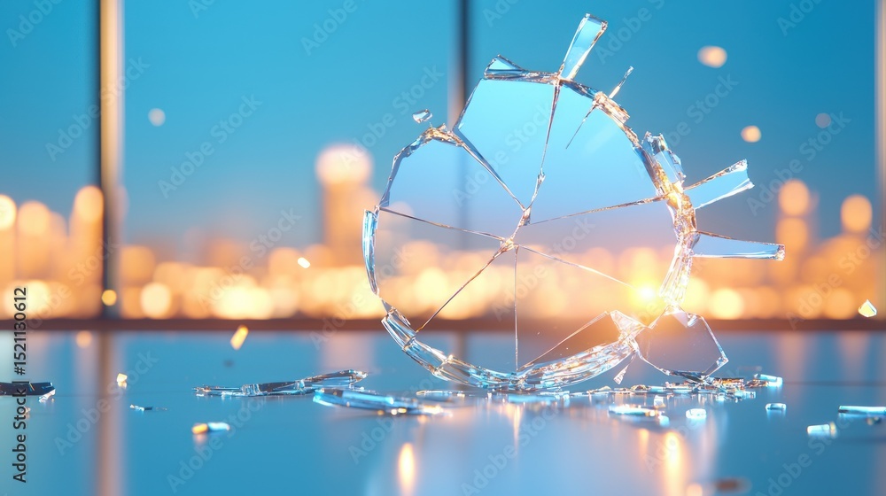 Poster a shattered circular glass object rests on a reflective surface