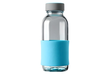 Glass water bottle with blue silicone sleeve reusable eco friendly container on transparent background
