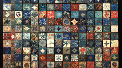 A sprawling mosaic of numerous small square tiles, each featuring a unique, intricate pattern in a diverse palette of blues, reds, greens, and browns, creating a rich tapestry of design
