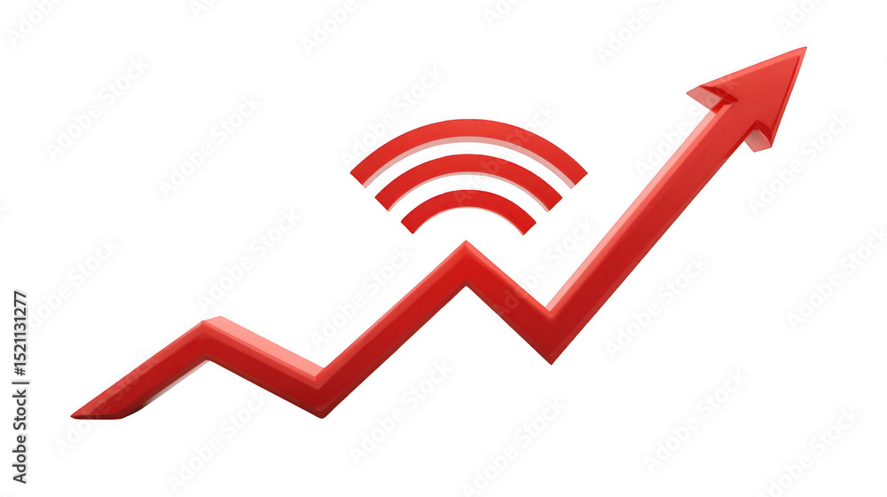 Poster red upward arrow and wifi symbol representing increasing internet speed on transparent background, p