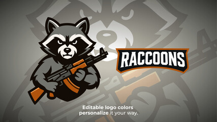 Armed Raccoon Mascot Logo with Rifle – Urban Animal Warrior for Esports or Gaming Identity
