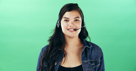 Headset, woman and portrait of call center agent in studio with confidence for customer care. Happy, pride and technical support consultant from Thailand with mic for contact us by green background.