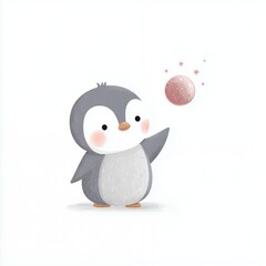 Obraz premium A cartoon penguin is holding a ball in its beak. The penguin is cute and playful