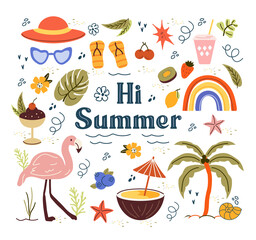 Summer, a set of trend elements: sun, pineapple, palm tree, dessert, glasses, rainbow. Fashionable modern art. Cartoon, minimalistic, abstract art Nouveau style. art template for summer postcard, png