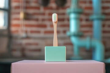 A mint green toothbrush holder with a bamboo toothbrush stands on a pink surface against a blurred brick background.