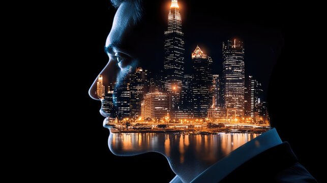 Portrait with city skyline double exposure against black background