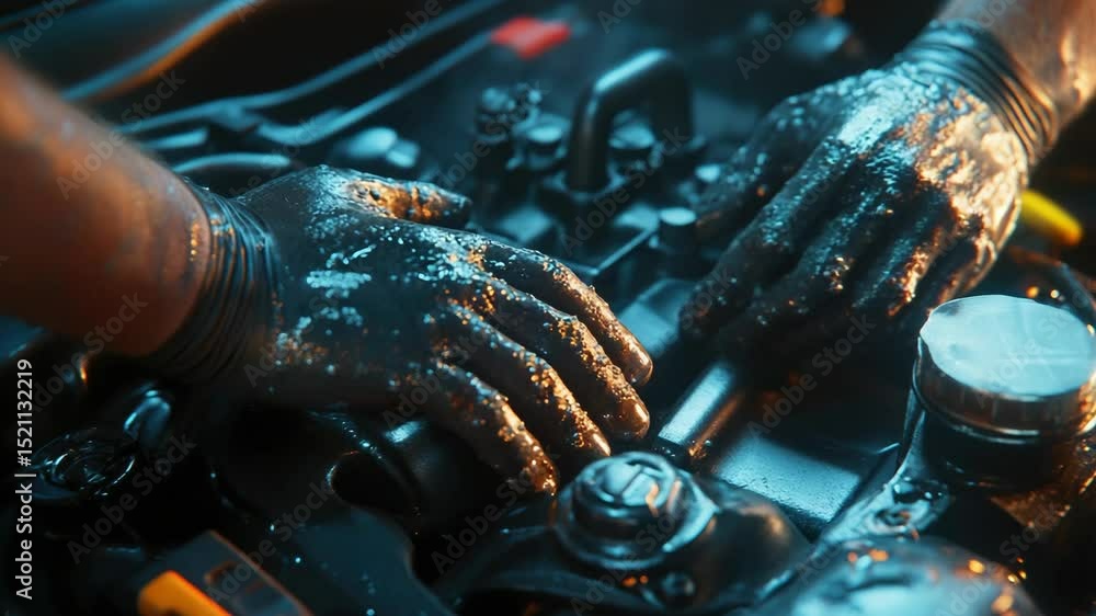 Poster a close-up view of a person's hands tinkering with a car engine