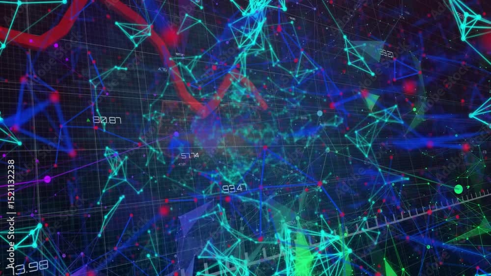 Poster dark 3d grid appearing triggers nodes and facets connecting and pulsing red line showing trends