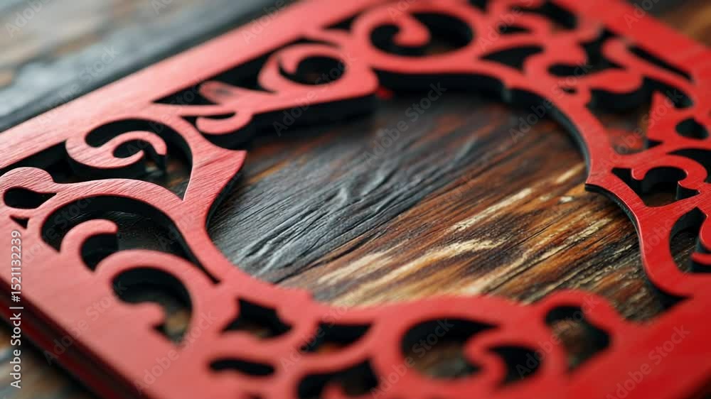 Poster Close-up shot of a red frame on a wooden table, suitable for showcasing small items or as a decorative element