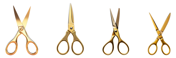A collection of gold scissors isolated on a transparent background