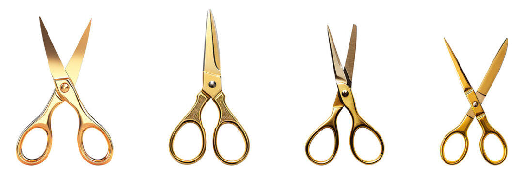 A collection of gold scissors isolated on a transparent background