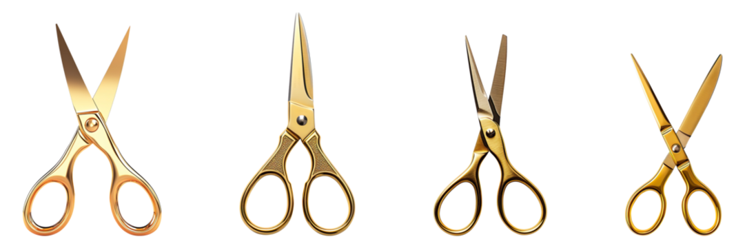 A collection of gold scissors isolated on a transparent background