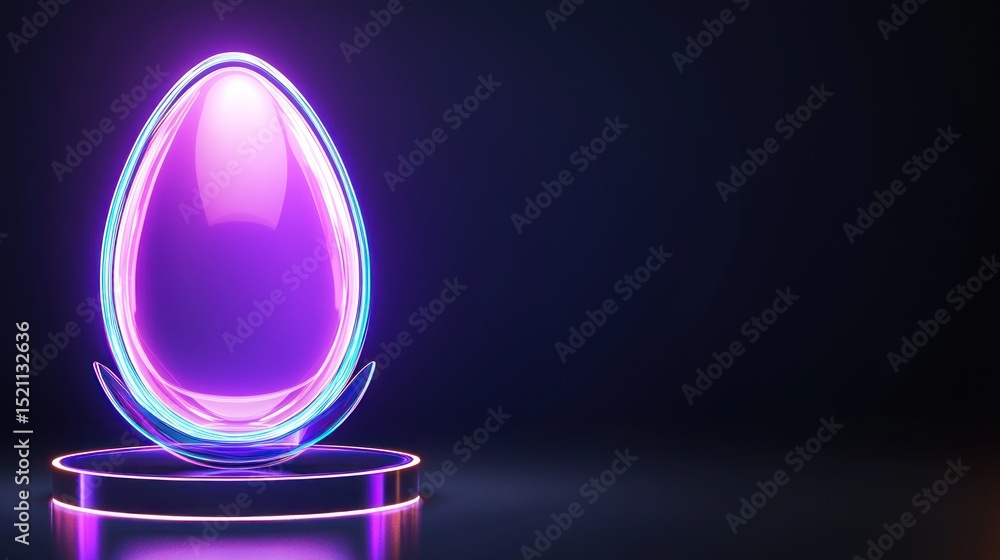 Poster neon illuminated egg rests on a glowing circular platform