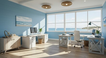 Coastal Office Interior with Ocean View, Natural Light, and Modern Furniture