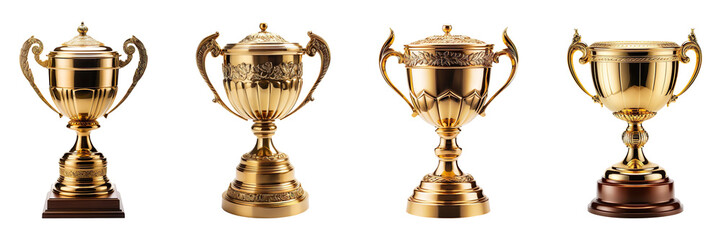A collection of gold trophy cups isolated on a transparent background