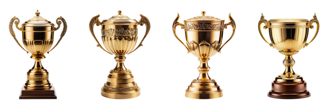 A collection of gold trophy cups isolated on a transparent background - Powered by Adobe