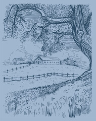 Rural landscape, tree and farm. Hand drawn vintage engraved sketch.
