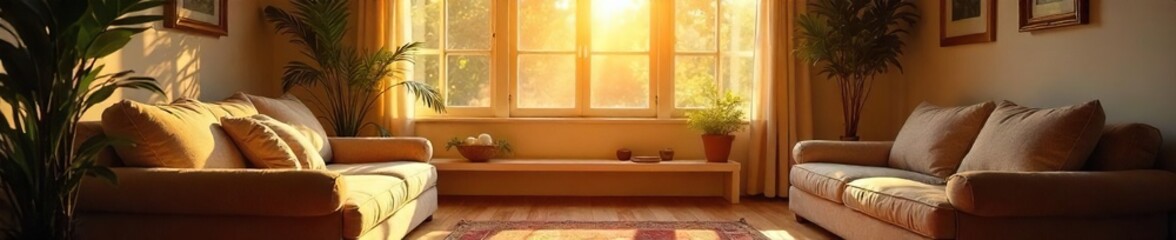 A warm and inviting interior space, sunlight streaming through a window, highlighting cozy furniture and d?cor Perfect for welcoming home, relaxation, or hospitality imagery , window, furniture, cozy