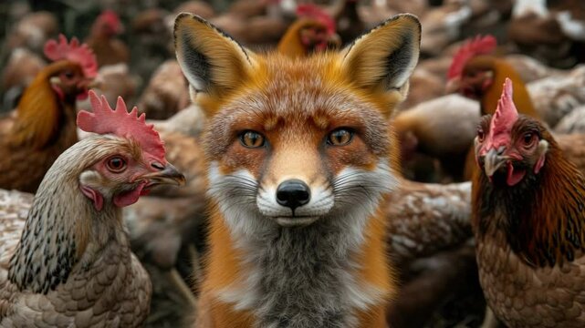 Red fox surrounded by curious chickens in barnyard scene