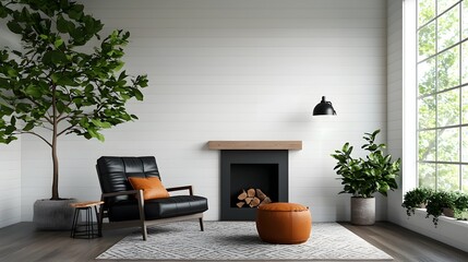 Cozy rustic living room with fireplace and plants