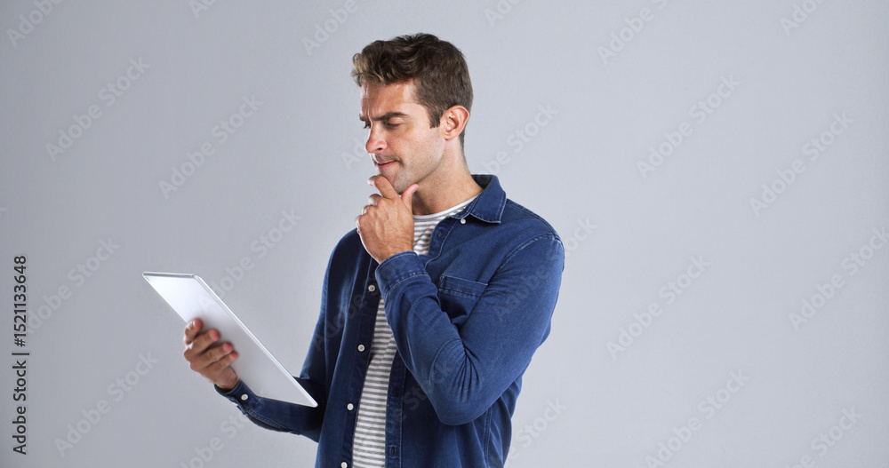 Aufkleber Online, tablet and man with thinking in studio for website update, app download and solution. Space, confused user and doubt on white background with 404 error, connection fail and problem solving