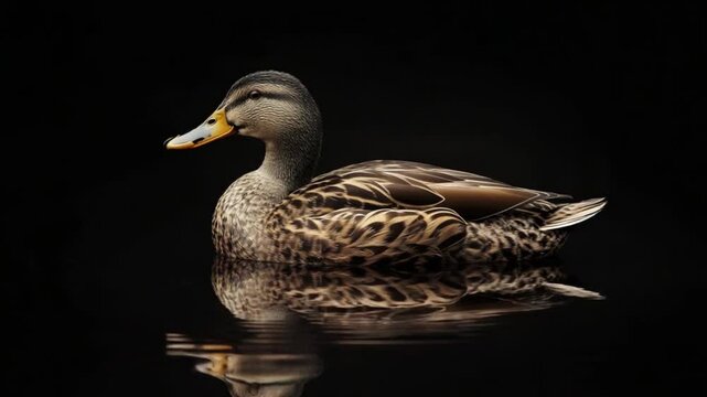 A serene duck gliding on calm water, reflecting its beautiful plumage against a dark backdrop
