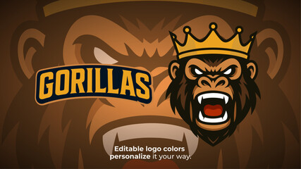 King Gorilla Mascot Logo with Crown – Royal Beast Avatar for Esports or Gaming Teams
