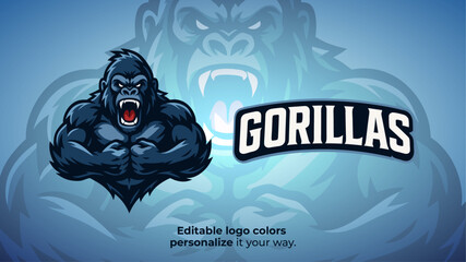 Strong Cartoon Gorilla Mascot Logo – Bodybuilder Ape for Gaming or Fitness Branding
