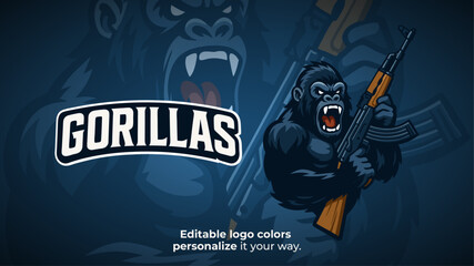 Armed Gorilla Mascot Logo with Assault Rifle – Esports Shooter Game Vector Character
