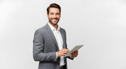 A portrait of a smiling businessman confidently holding a tablet, radiating professionalism and modern efficiency.