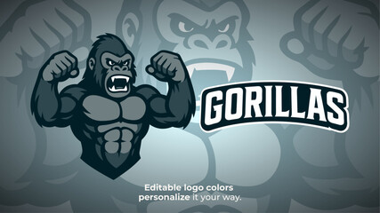 Muscular Gorilla Mascot Logo – Flexing Ape Character for Gaming or Esports Branding
