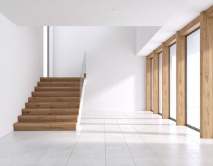 Empty white interior with wooden stairs and shutters