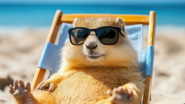 Cute gopher relaxing on sun lounger with sunglasses on beach