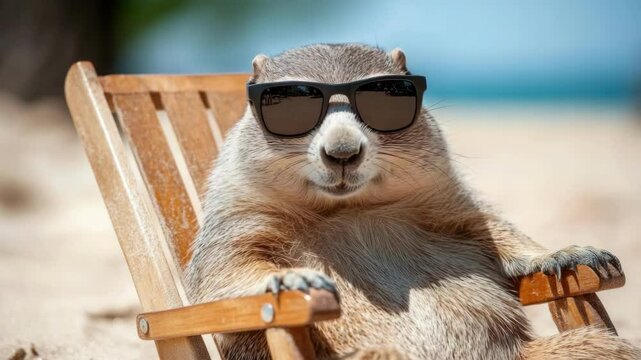Groundhog relaxing in sunglasses on a beach chair under sunny skies