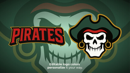 Green Pirate Skull Mascot Logo with Hat – Gaming or Esports Character Vector

