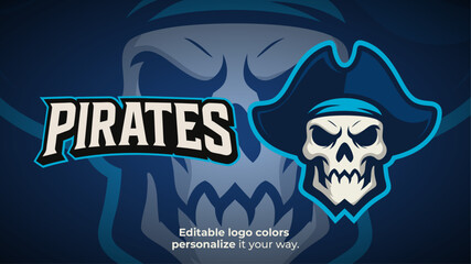 Blue Pirate Skull Mascot Logo – Esports or Gaming Team Vector Illustration
