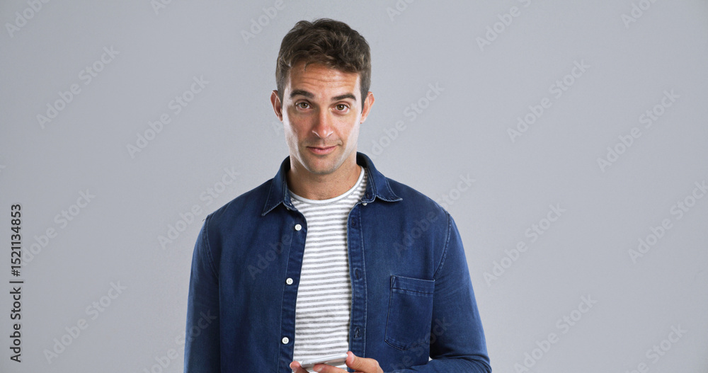 Aufkleber portrait, phone and man in studio for social media, text or message on white background space. mobil