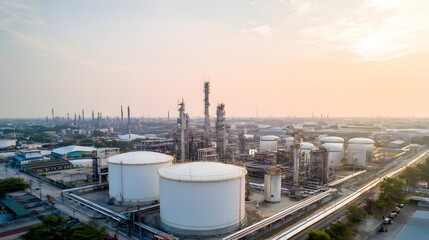 Aerial view of an industrial refinery plant, showcasing modern energy infrastructure and technological progress