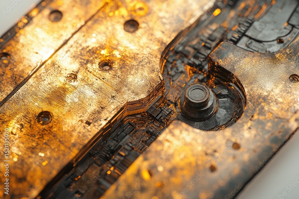 Poster close-up view of a weathered metallic object with intricate details, resembling ancient technology o