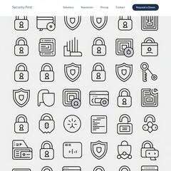 Cybersecurity and data protection icons collection with padlocks, shields, and privacy symbols in modern line style for website interfaces, presentations, and branding