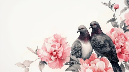 Two pigeons beside blooming peony flowers in traditional Chinese ink painting style with delicate brushstrokes and elegant composition on white background