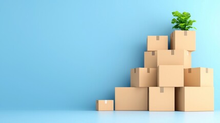 Stack of cardboard boxes with a small plant on top