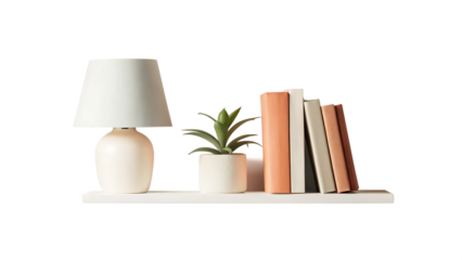 lamp books and succulent plant on the shelf isolated on white background PNG
