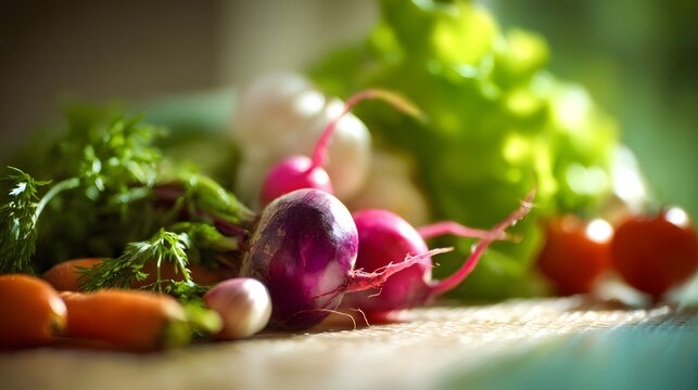 Fresh colorful vegetables in artistic arrangement, celebrating natural vibrancy and healthy living