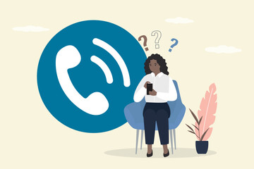 Big Accept Button. Businesswoman uses mobile phone and receive incoming call. Phone Call. Communication concept. Choice - to answer or not to answer the call.