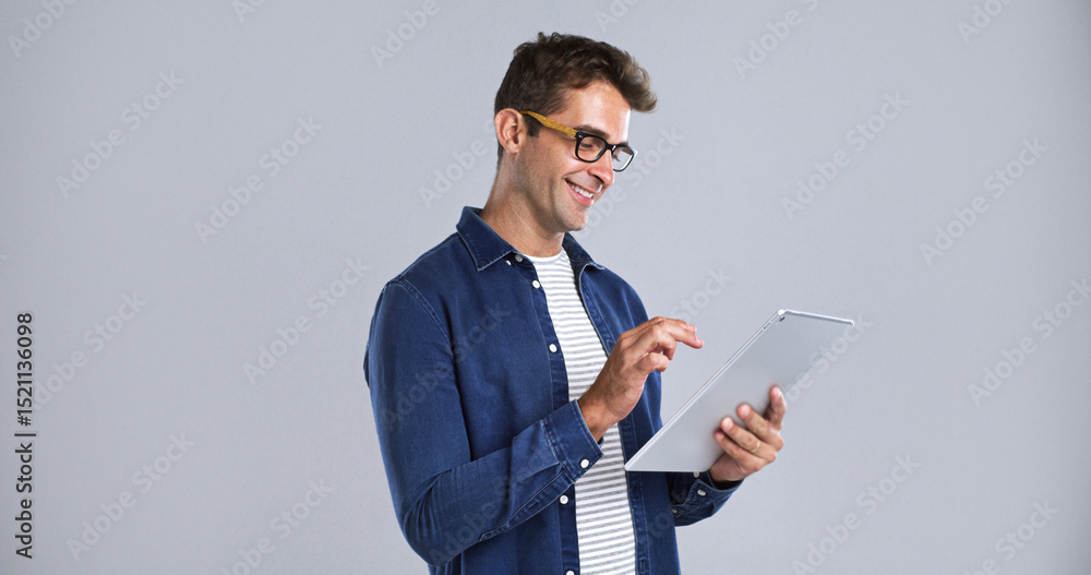 Fototapete glasses, smile and tablet with man in studio for programming or software development career. app, in