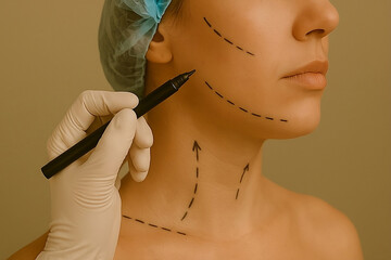 Close-up of woman’s face with surgical markings before cosmetic procedure. Concept of plastic surgery and beauty enhancement. 
