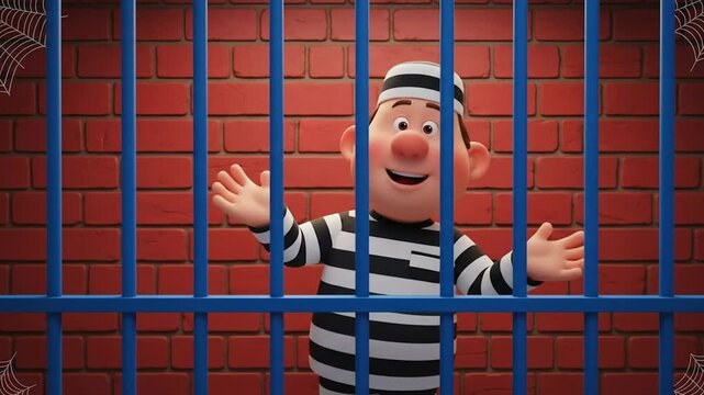 Cartoon Prisoner Gestures Behind Jail Bars, illustrating confinement concept, with bright colors and playful digital art.