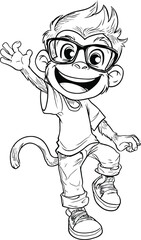 Obraz premium Monkey Cartoon Character Outline – Simple Line Art Illustration of a Playful Monkey Mascot for Coloring and Design- Adobe Illustrator Artwork